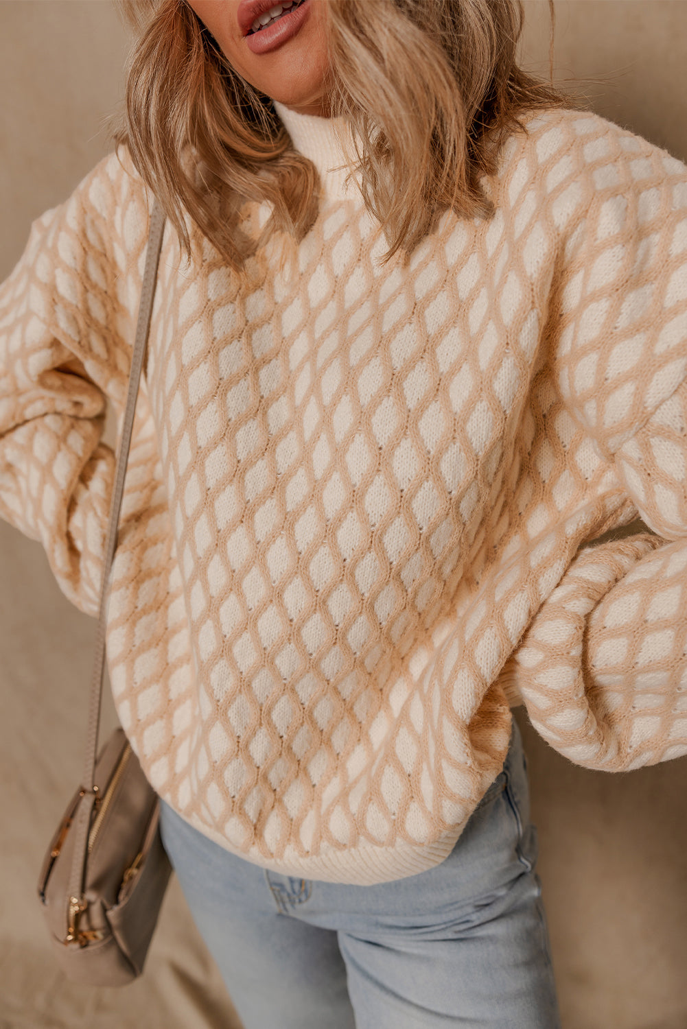 Ximena Rhombus Textured Knit Sweater Threaded Pear