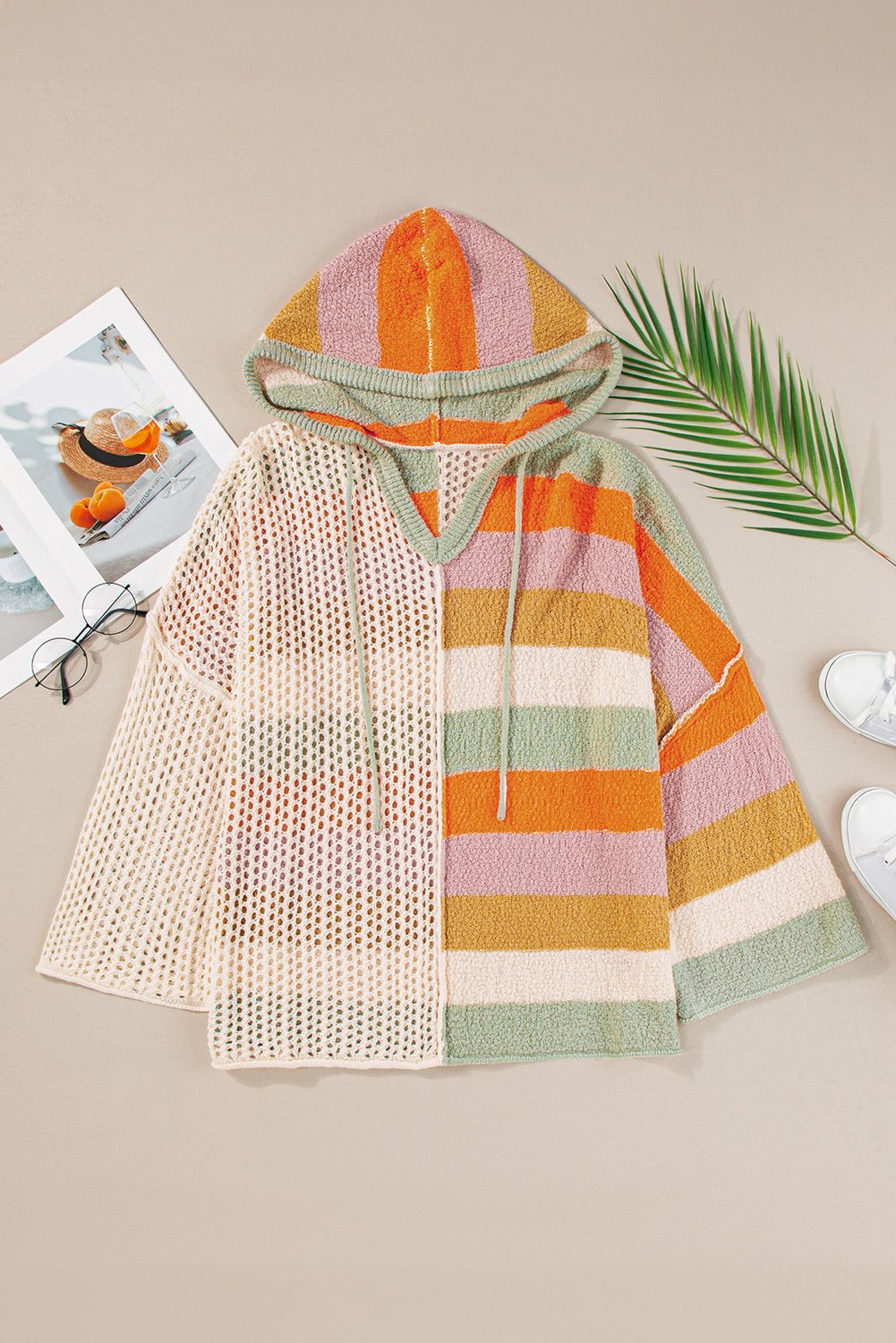 Harper Oversized Colorblock V Neck Hooded Sweater Threaded Pear