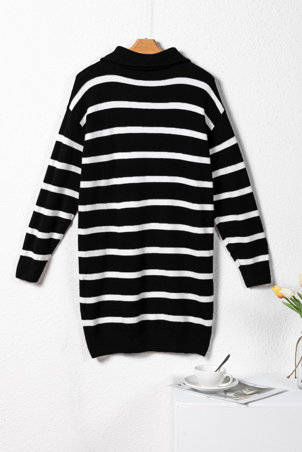 Iris Striped Zip Collared Loose Sweater Mini Dress Threaded Pear
