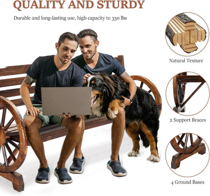 Rustic Wooden Garden Bench with Wagon Wheel Arms ShipItFurniture