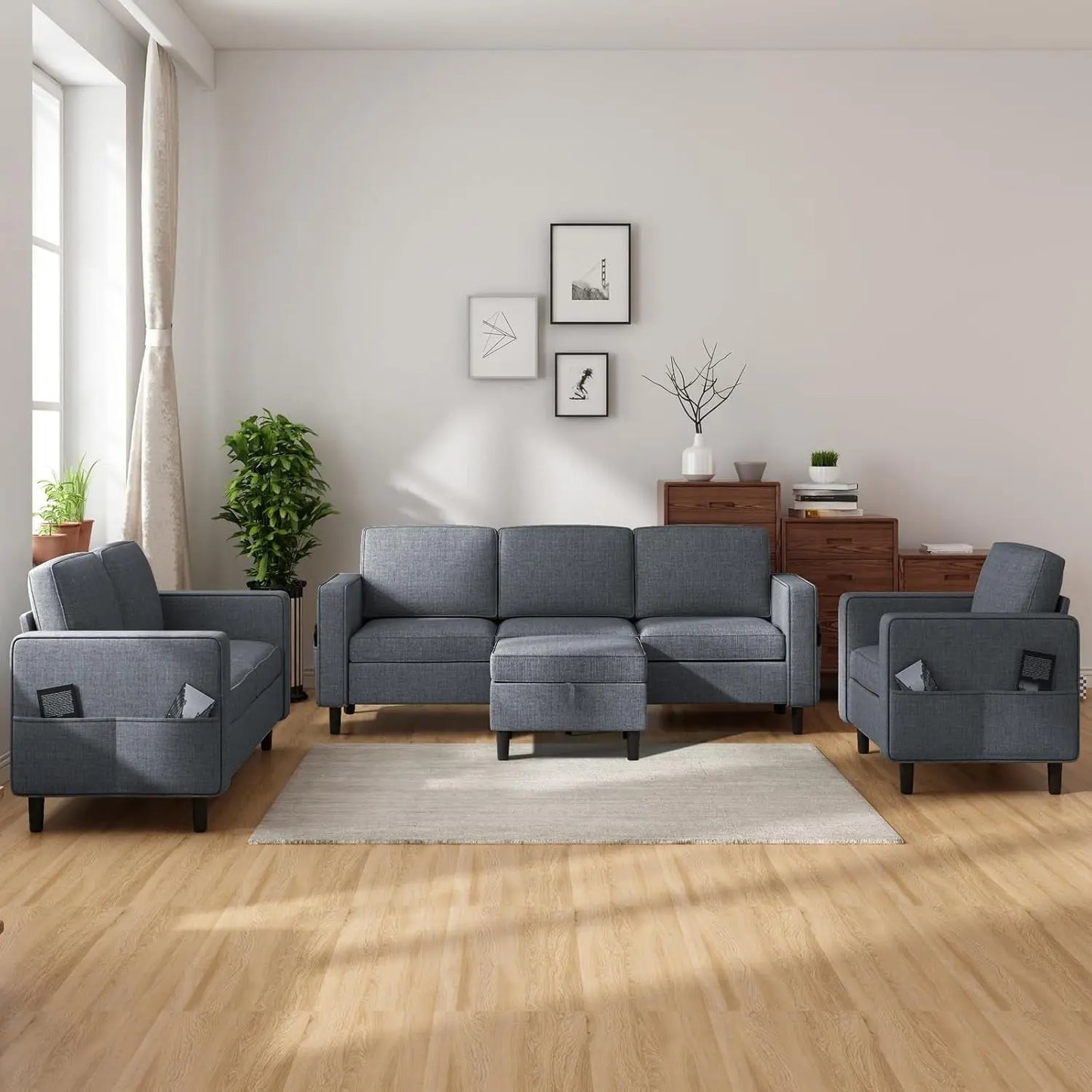 6 Seater Sectional Sofa In Dark Grey Linen With Ottoman ShipItFurniture