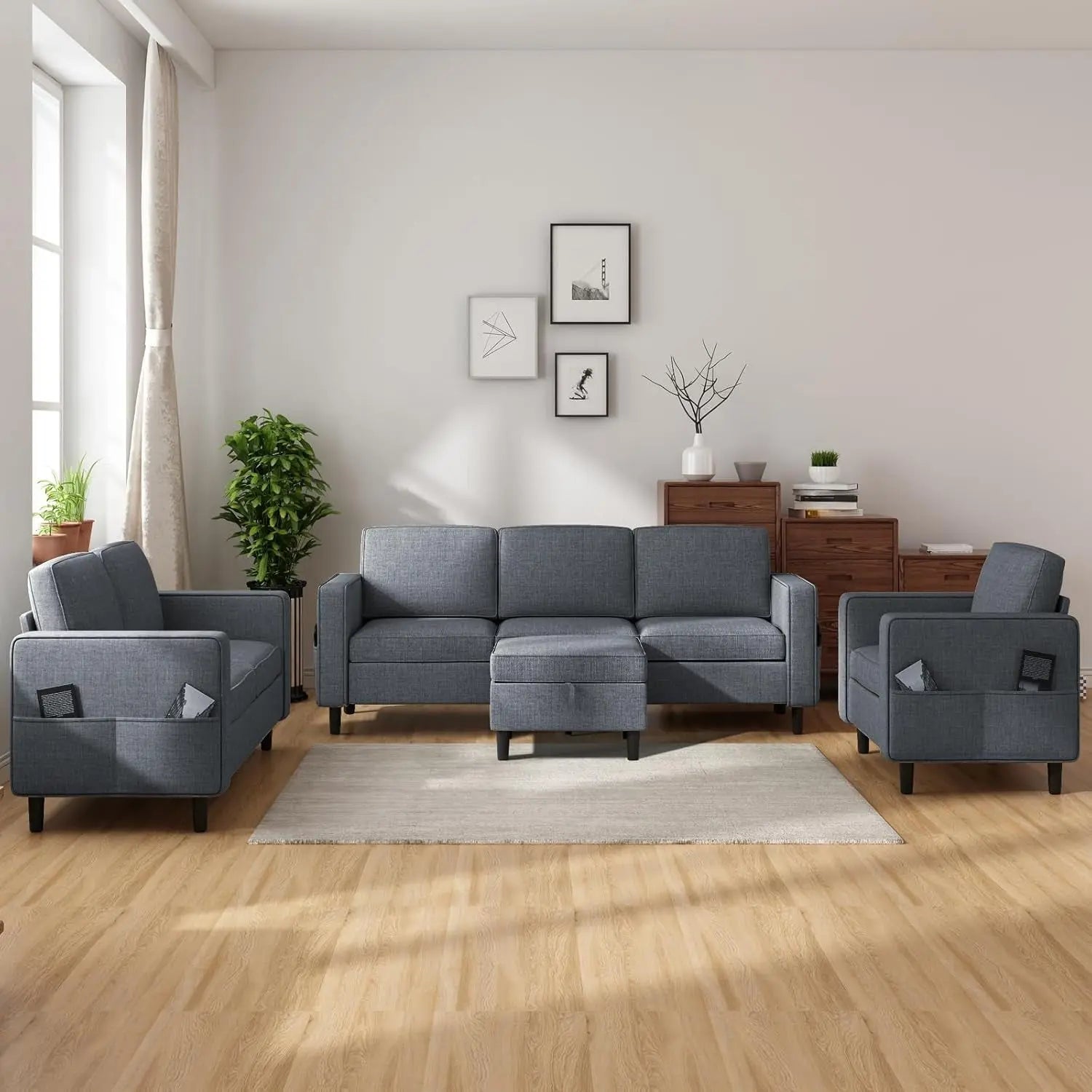 6 Seater Sectional Sofa In Dark Grey Linen With Ottoman ShipItFurniture
