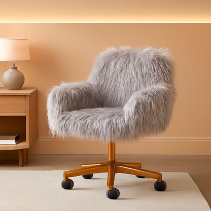 Gray Faux Fur Swivel Office Chair For Home Office Desk