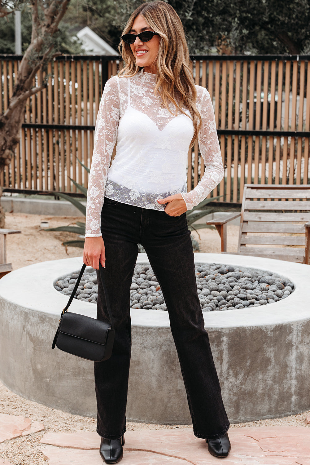 Myla Sheer Floral Lace Mesh Mock Neck Long Sleeve Top Threaded Pear