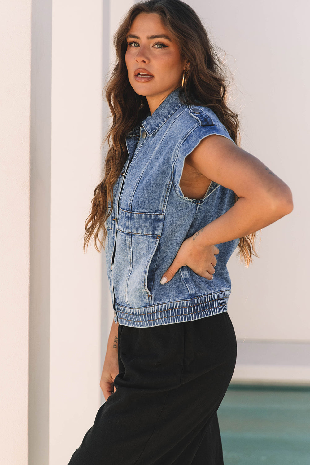 Nora Blue Acid Wash Elastic Hem Button Up Denim Vest Threaded Pear