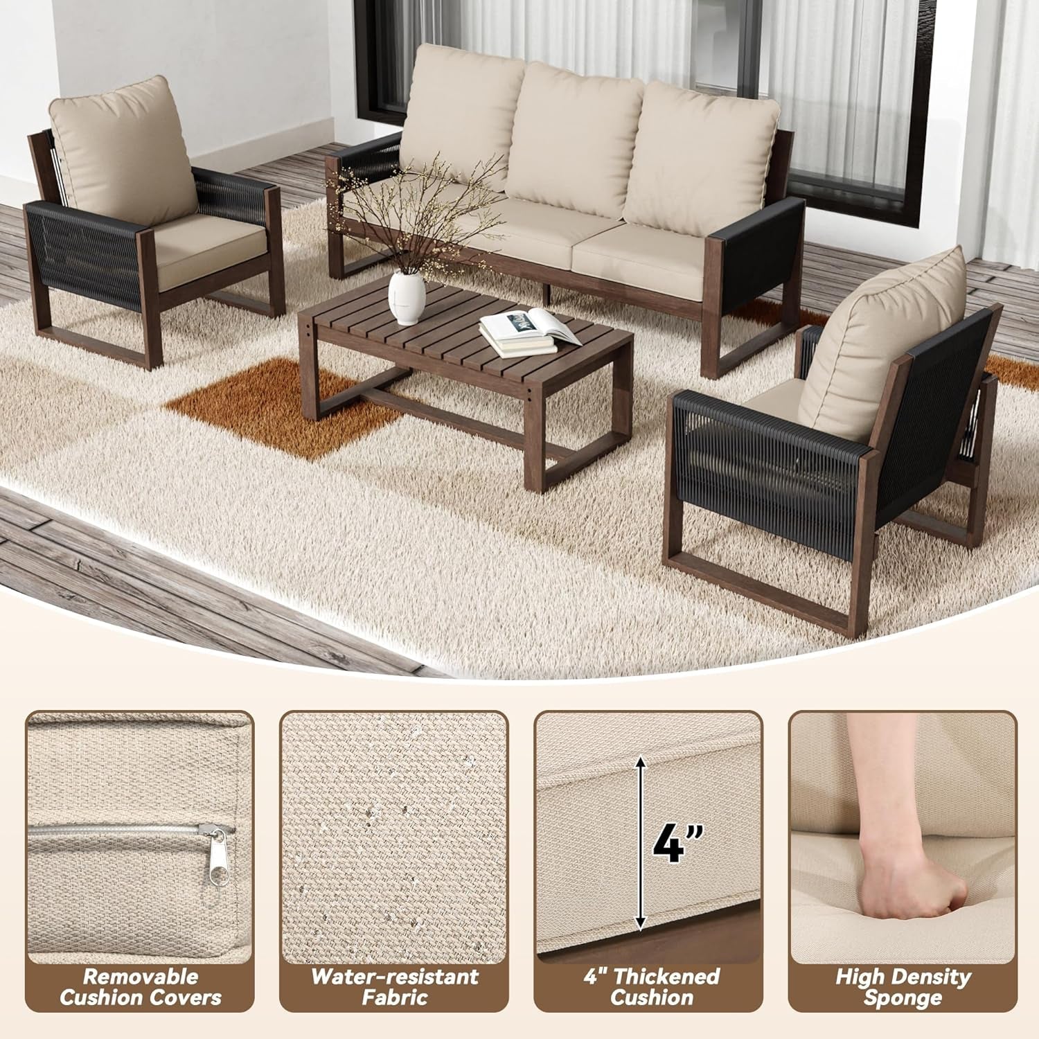 Wooden Outdoor Furniture Set with Comfortable Wicker Chairs ShipItFurniture
