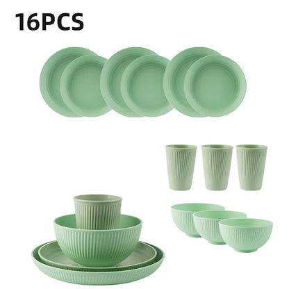 16Pcs Wheat Straw Tablewar Sets Bowl Saucers Plate Sets Portable Picnic Cutlery Knife Fork Black Dinnerware Camping Dishes Full Get it from Bo