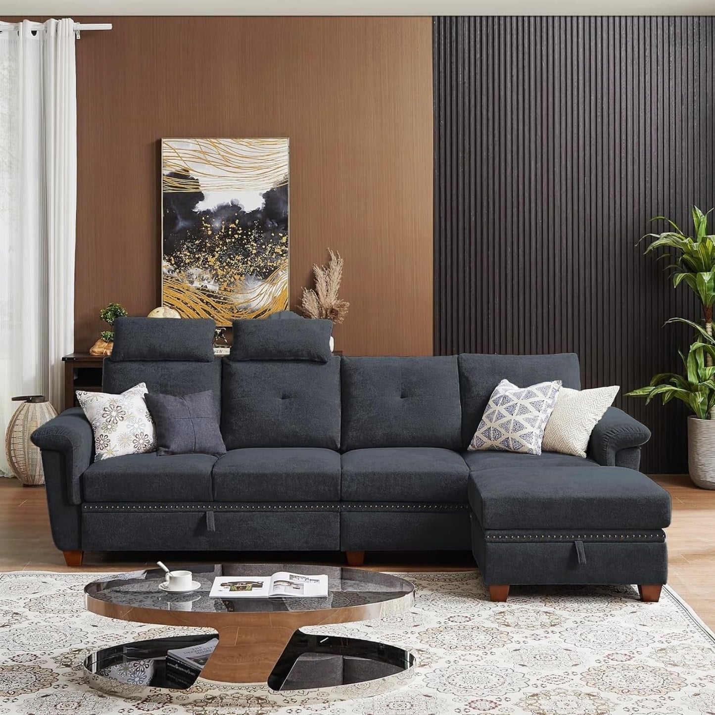 L Shaped Sectional Sofa With Storage Chaise Dark Grey ShipItFurniture
