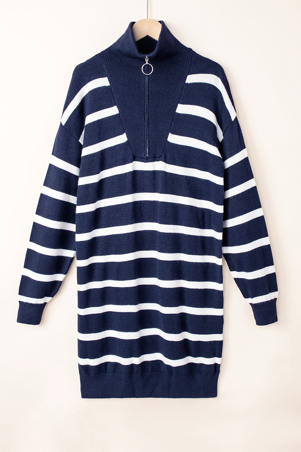 Iris Striped Zip Collared Loose Sweater Mini Dress Threaded Pear