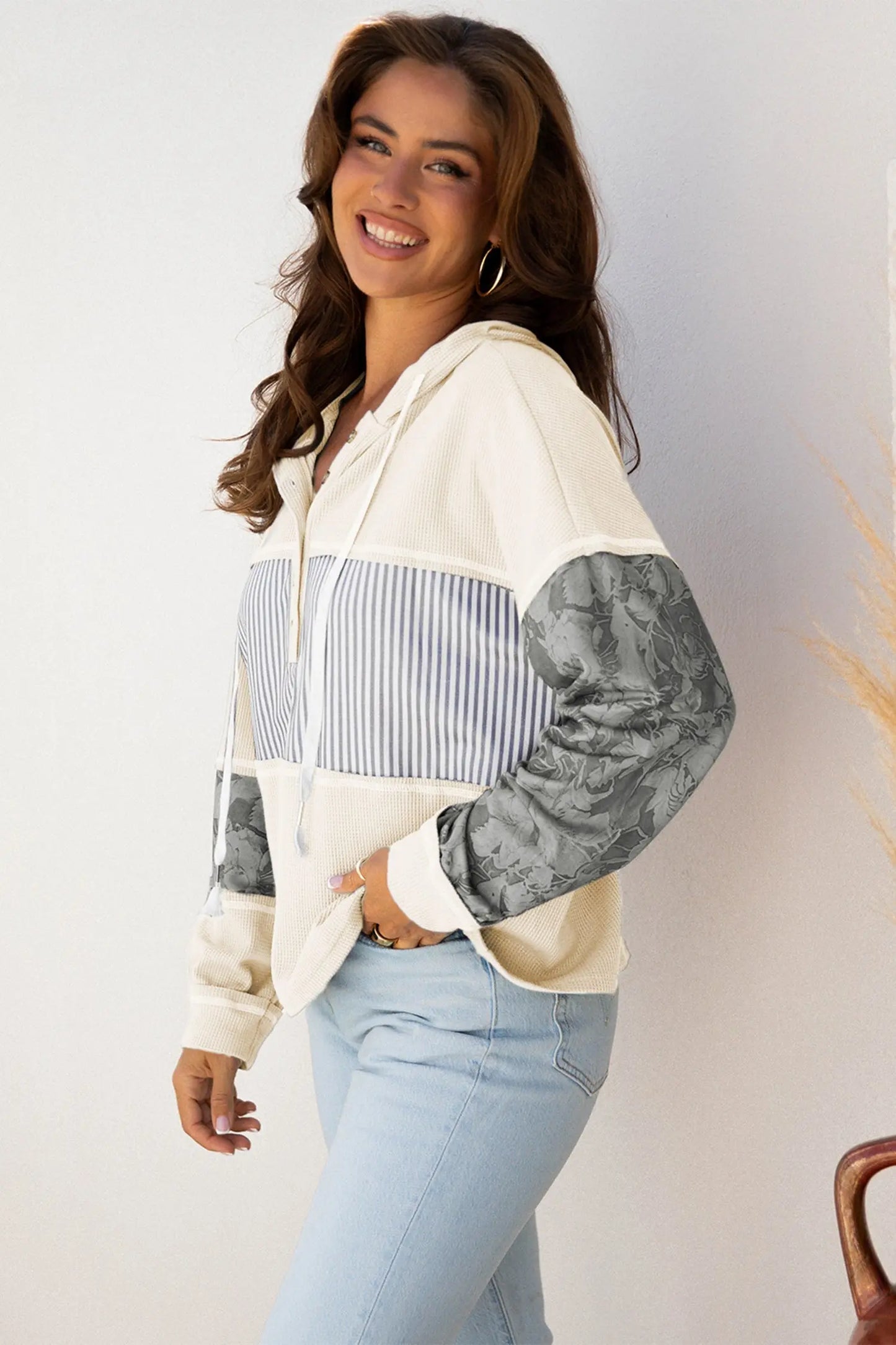 Taytum Patchwork Drawstring Hooded Long Sleeve Top