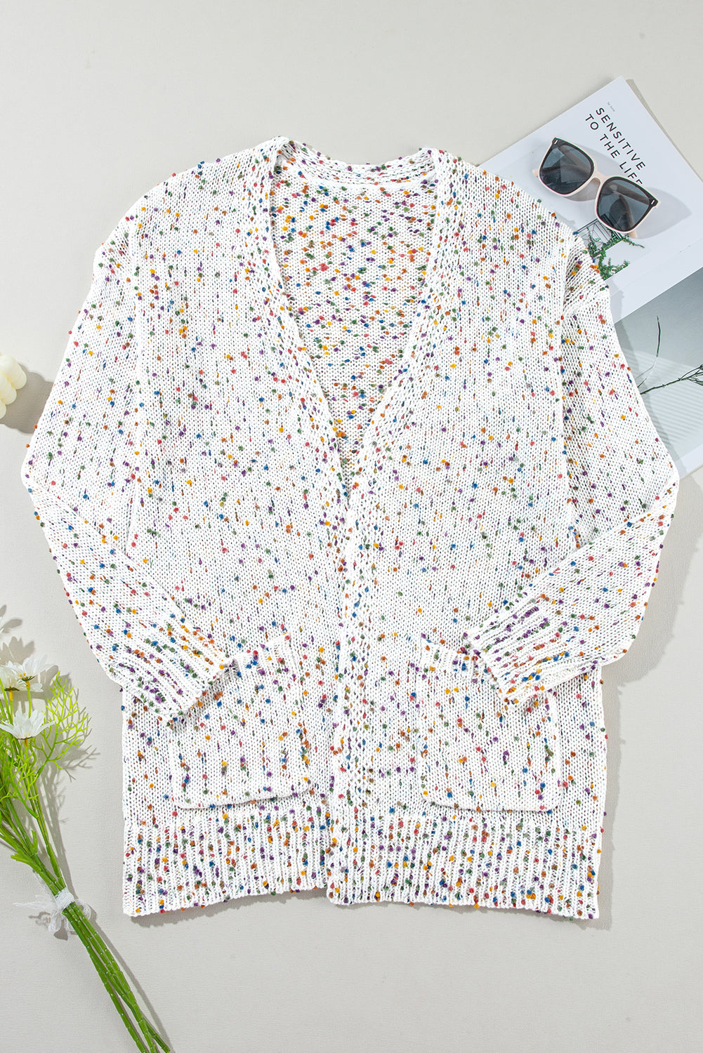 Ailany Confetti Rib Knit Long Sleeve Cardigan Threaded Pear