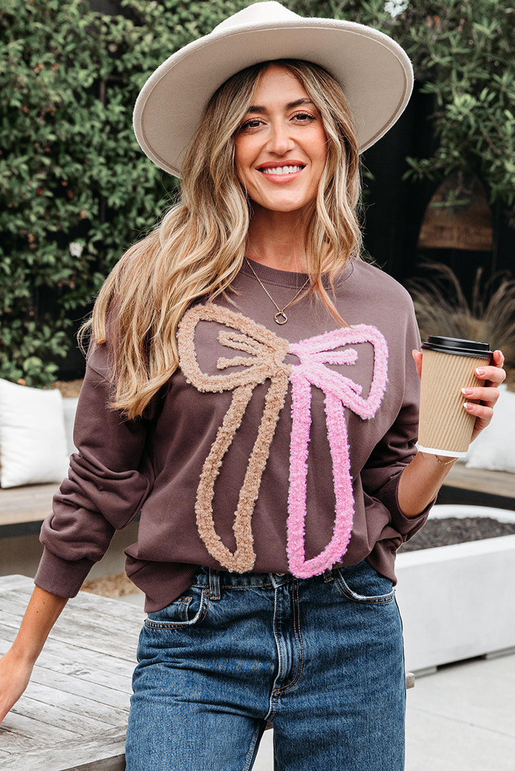 Callie Terry Bow Pattern Drop Shoulder Sweatshirt Threaded Pear
