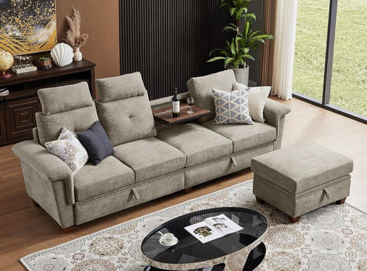 Convertible Sectional Sofa With Storage Beige Microfiber ShipItFurniture