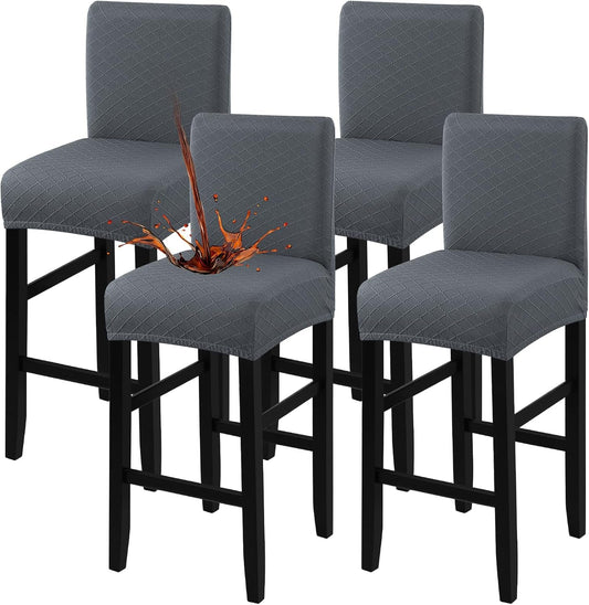 Waterproof Bar Stool Covers 4 PCS, Stretch Pub Stool Chair Slipcover Counter Stool Cover Bar Stool Slipcovers with Backs Removable Washable for Kitchen, Dining Room (Grey, 4PCS)-0