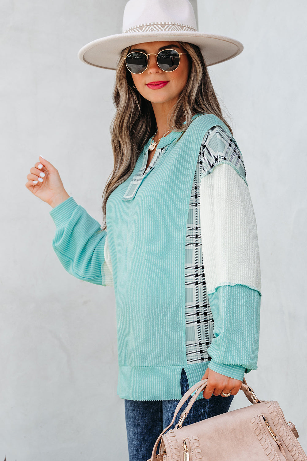 Maddie Texture Colorblock Patchwork Long Sleeve PLUS Top