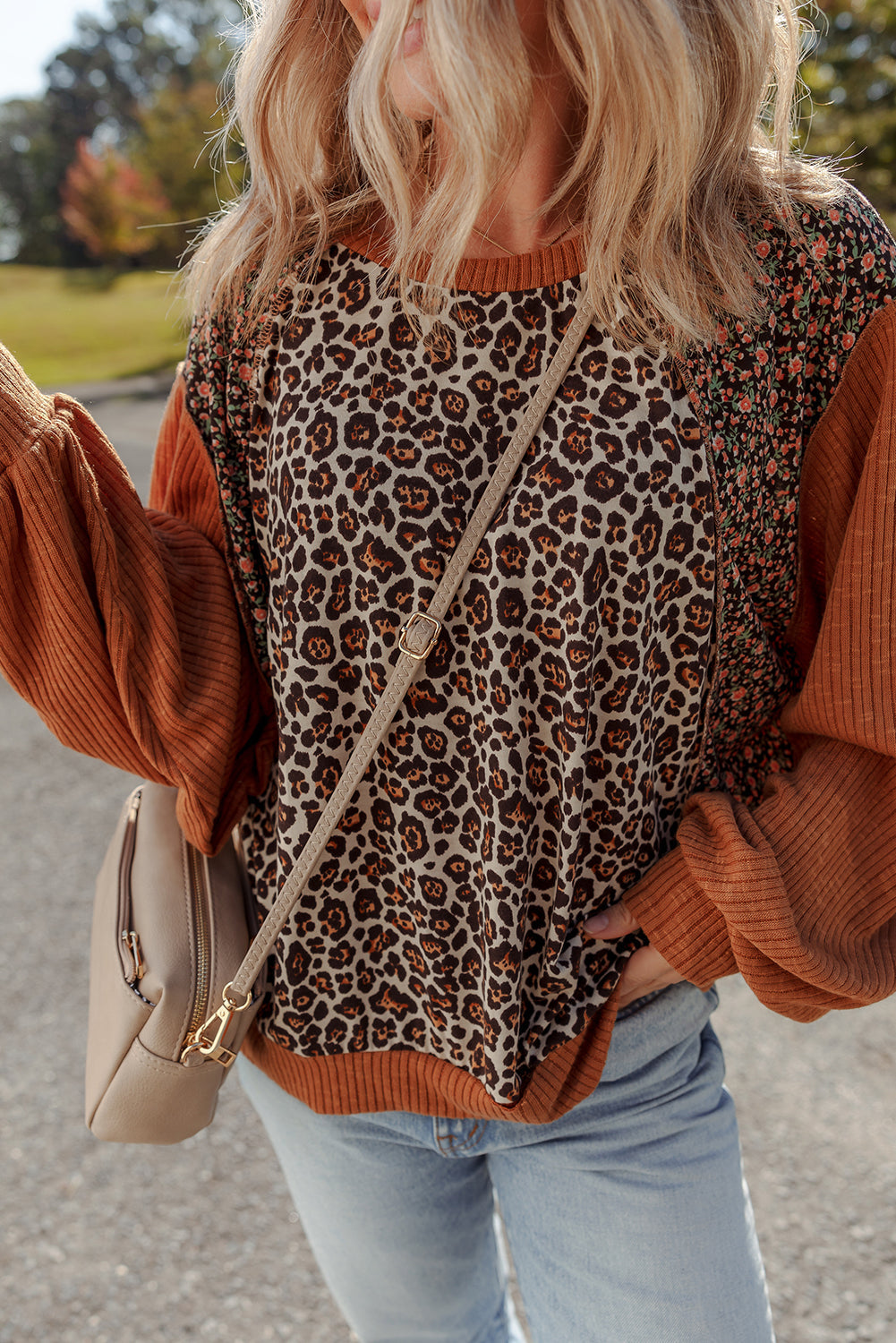 Natalie Leopard & Floral Patchwork Loose Top Threaded Pear