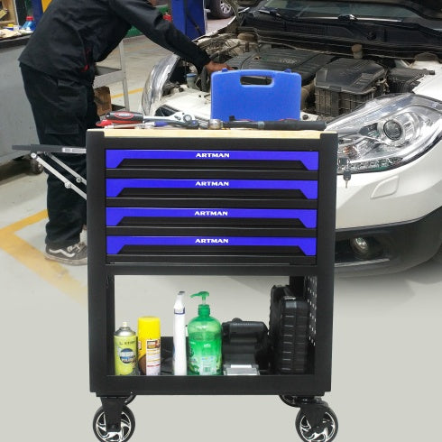 4 DRAWERS MULTIFUNCTIONAL TOOL CART WITH WHEELS AND WOODEN TOP-BLUE CJDropshipping