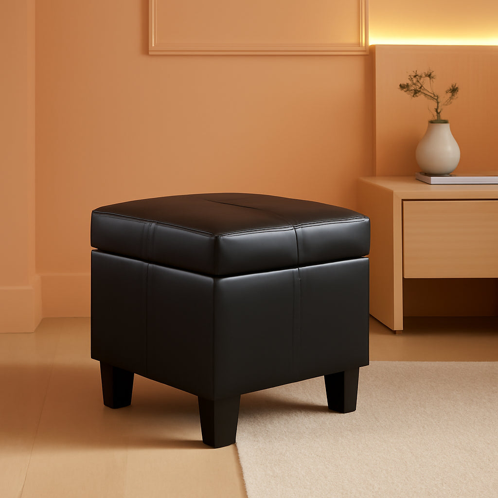 Small Black Faux Leather Ottoman With Hidden Storage ShipItFurniture