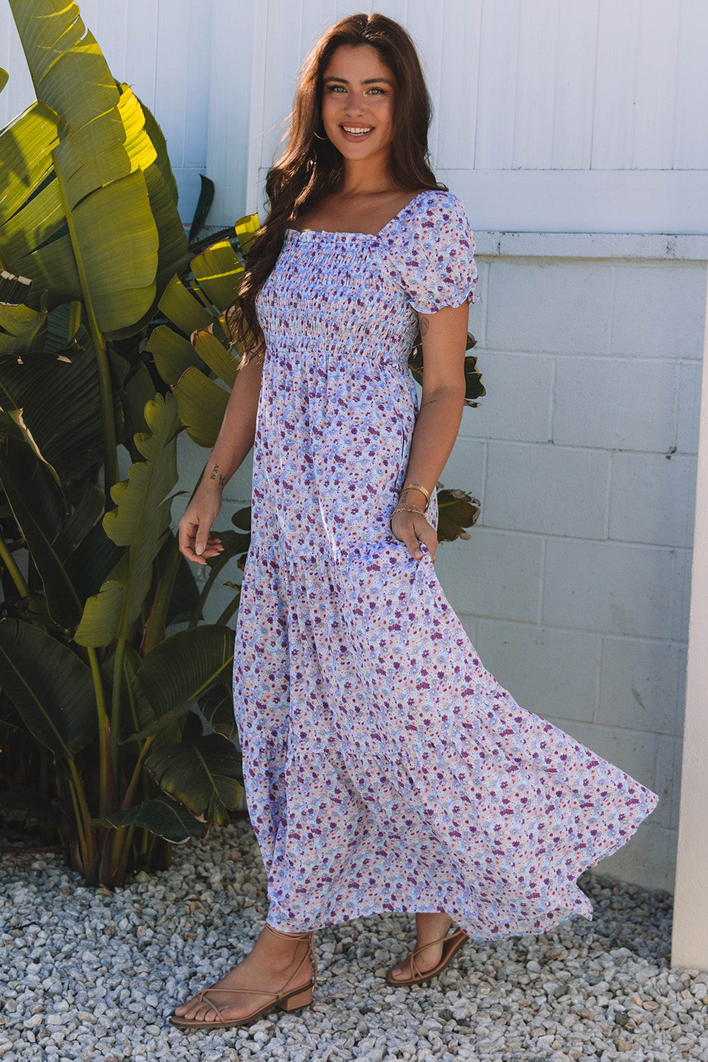 Lacey Floral Short Bubble Sleeve Maxi Dress