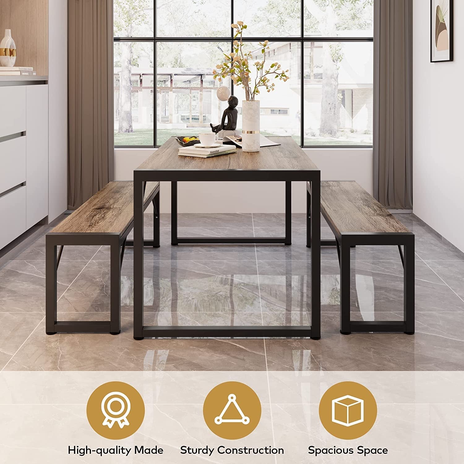 Dining Table Set for 4 with 2 Benches, Gray ShipItFurniture