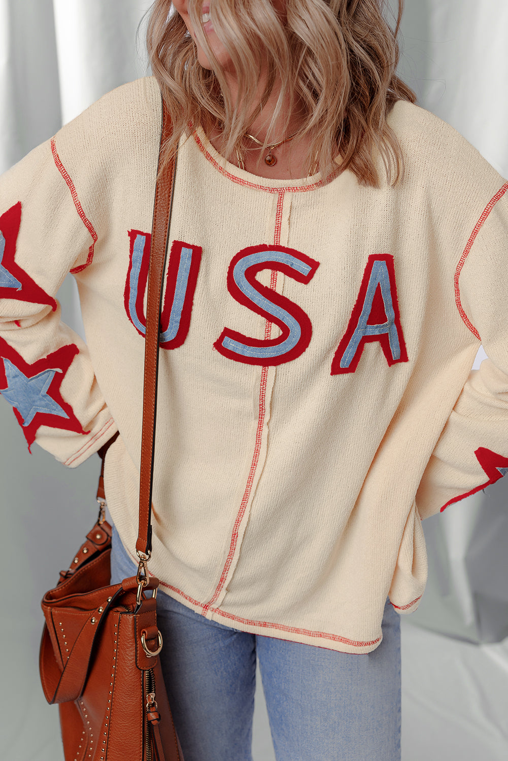 USA Patchwork Exposed Seam Long Sleeve Top Threaded Pear