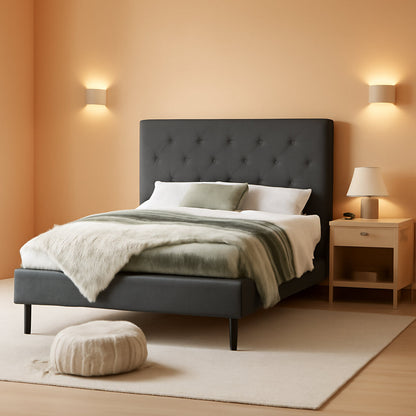 Upholstered Bed Base with Button Stitched Headboard ShipItFurniture