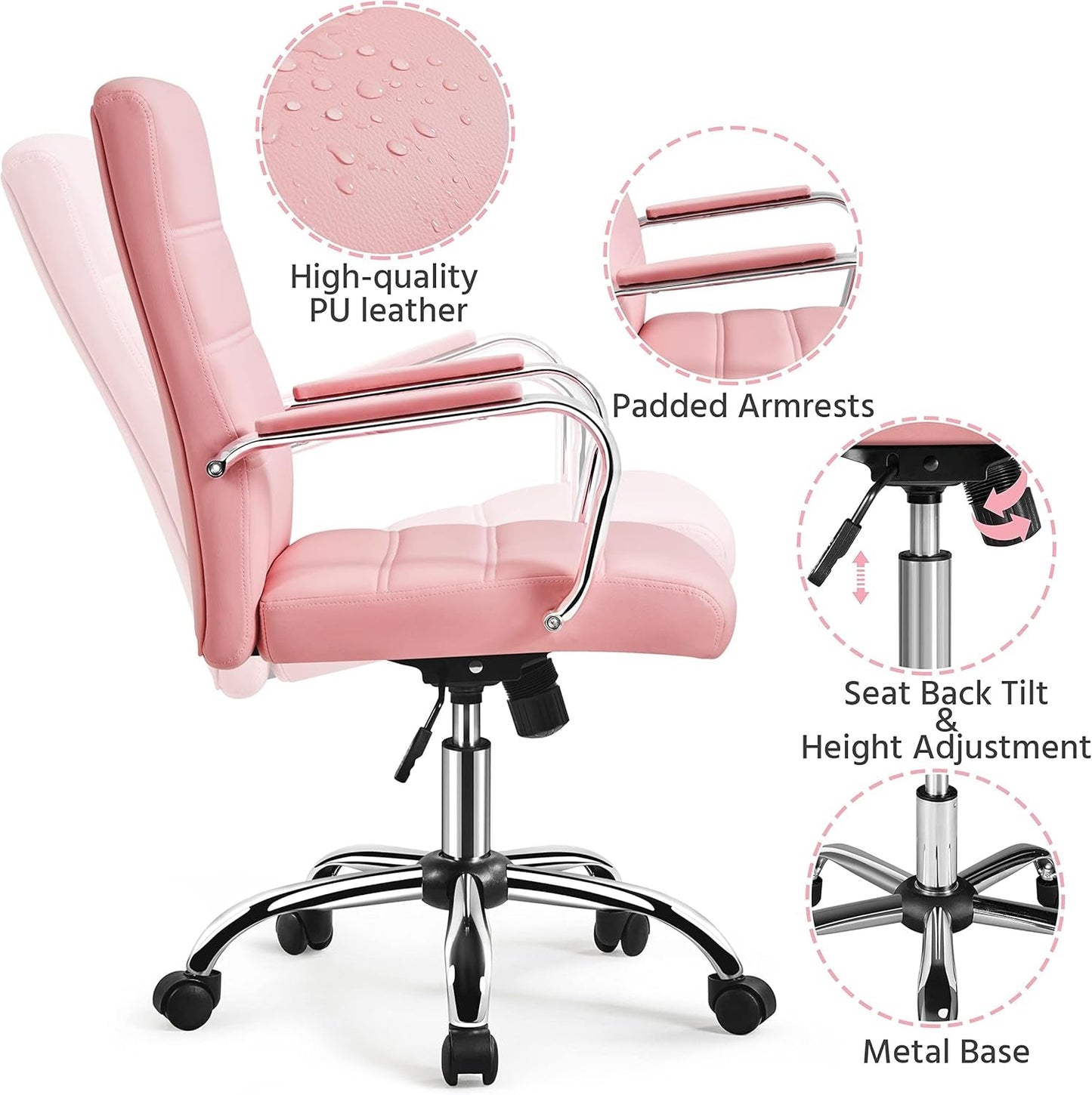 Pink Mid Back Office Chair With Arms 360 Degree Swivel ShipItFurniture