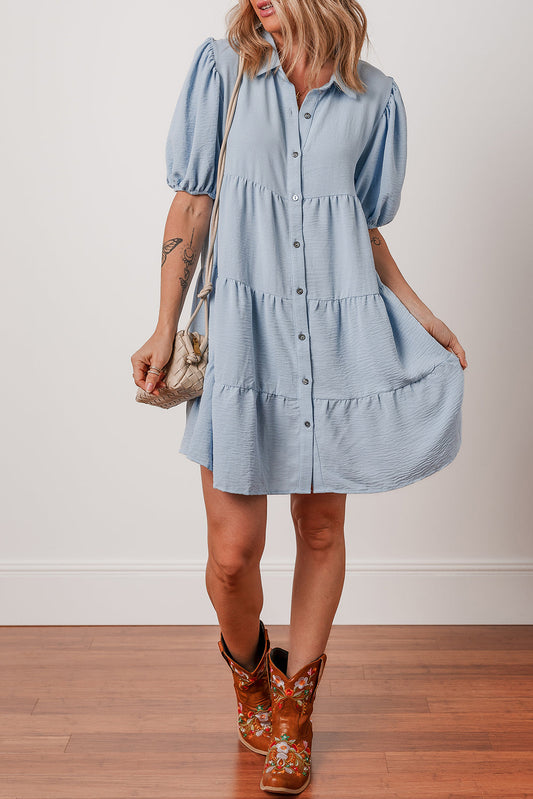 Arya Shirt Collar Button Up Puff Sleeve Tiered Dress Threaded Pear