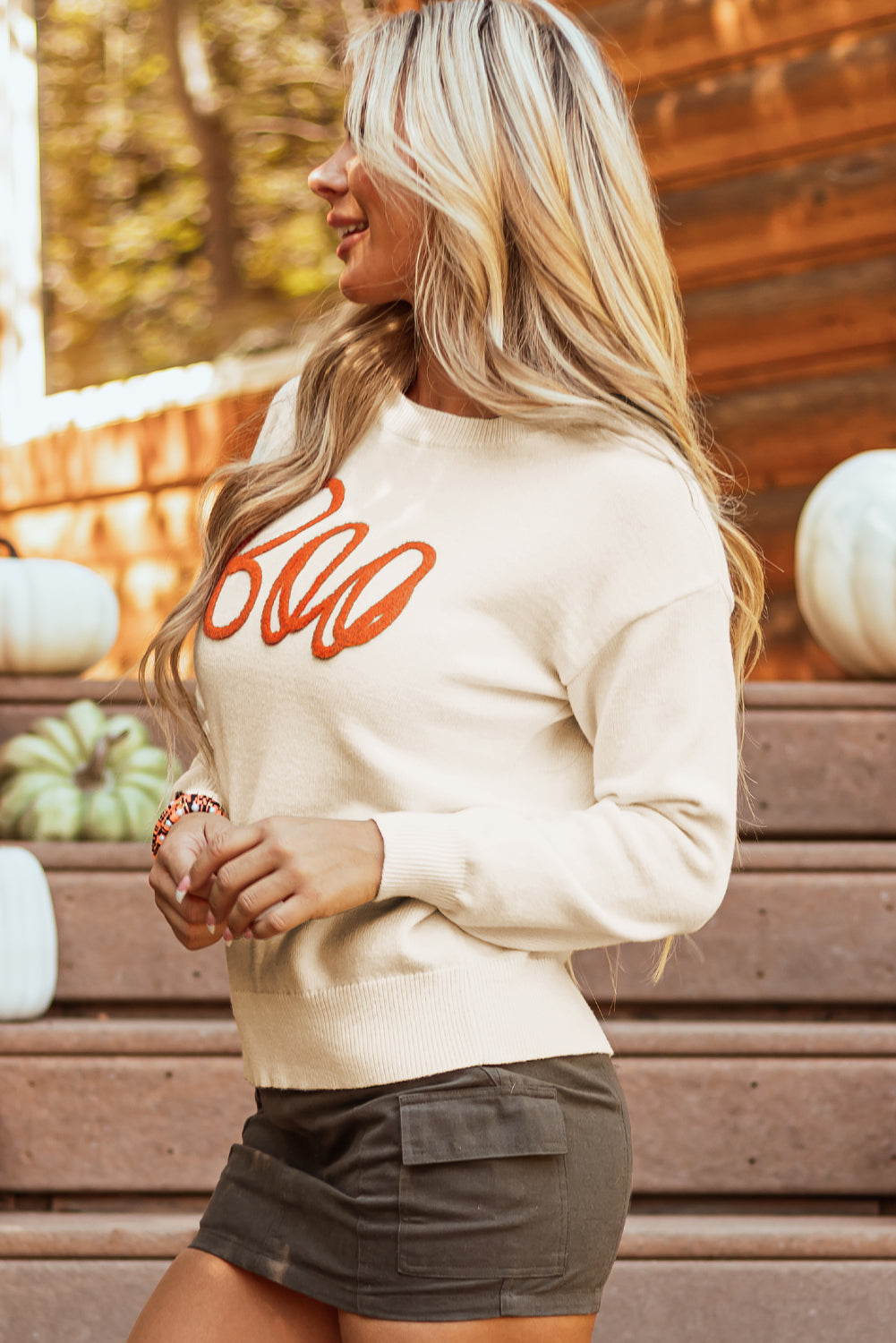 Boo Knitted Pattern Ribbed Edge Sweater Threaded Pear