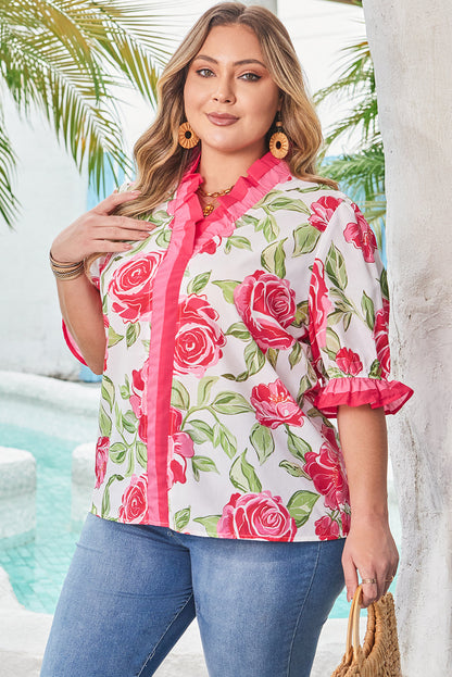 Elise Plus Size Floral Frilled Stripes Blouse