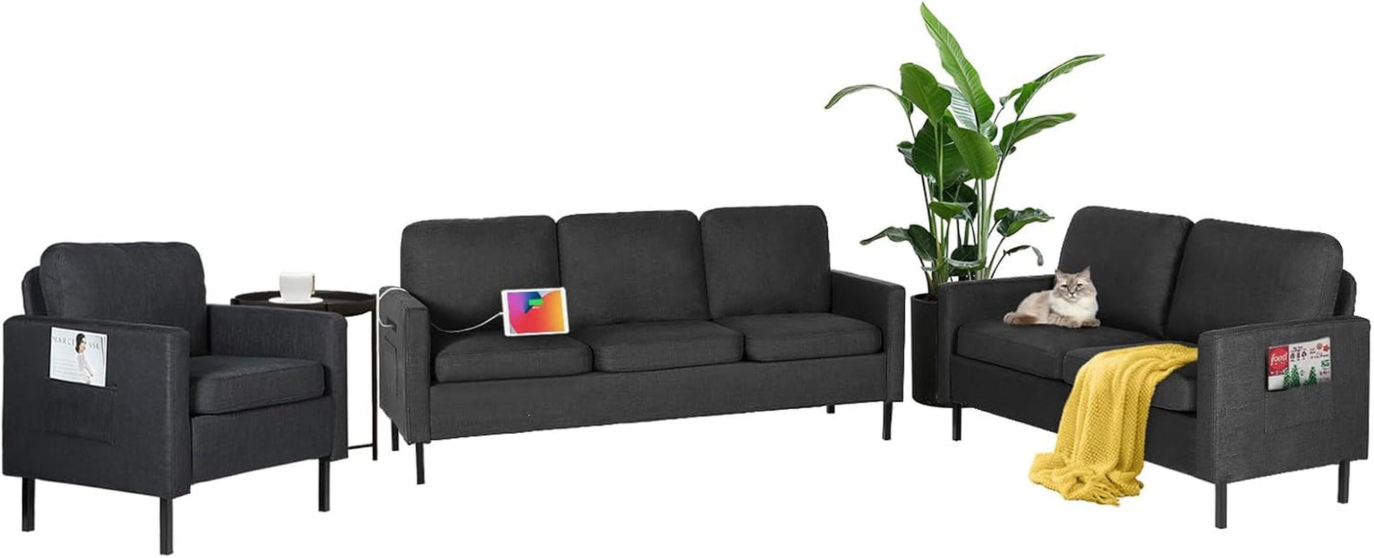 3 Piece Living Room Furniture Set With 3 Seat Couch Loveseat And USB Ports Dark Grey ShipItFurniture