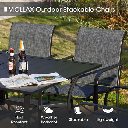 5 Pieces Patio Dining Set, Outdoor Furniture Set Includes 1 Square Patio Table and 4 Stackable Patio Sling Chairs, Outdoor Table and Chairs for Outsides, Black Table and Grey Chairs ShipItFurniture