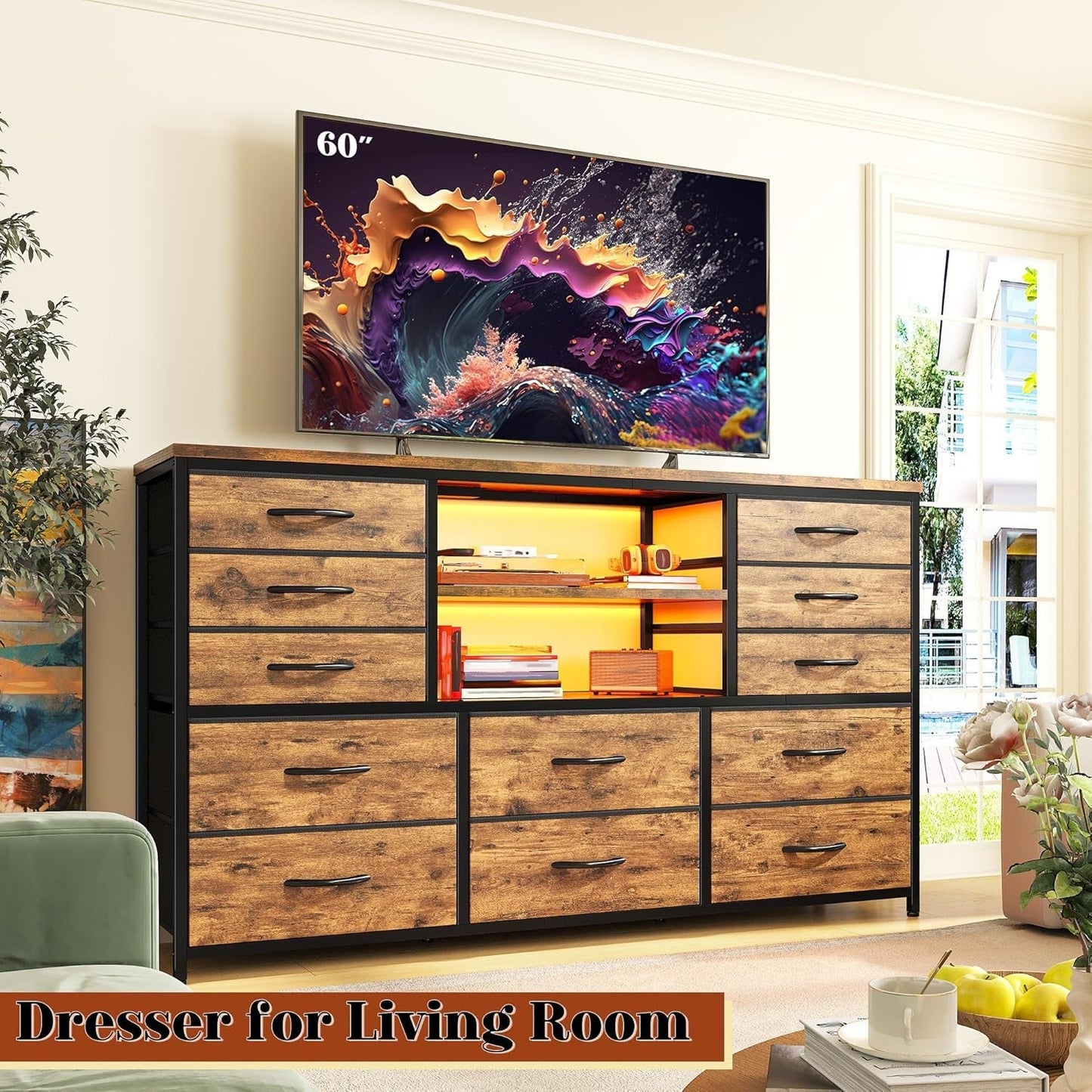 Dresser with LED Lights & Power Outlets, 12 Drawers Dresser TV Stand for 60''TV for Bedroom Dresser Fabric Dressers & Chest of Drawers, Sturdy Long Dresser for Closet Living Room,Hallway ShipItFurniture