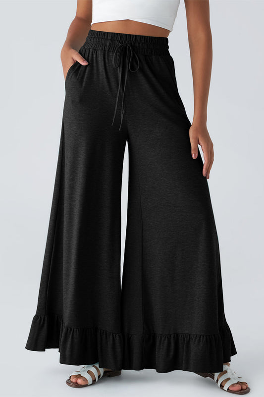 Freya Ruffled Wide Leg Pants with Pockets Threaded Pear