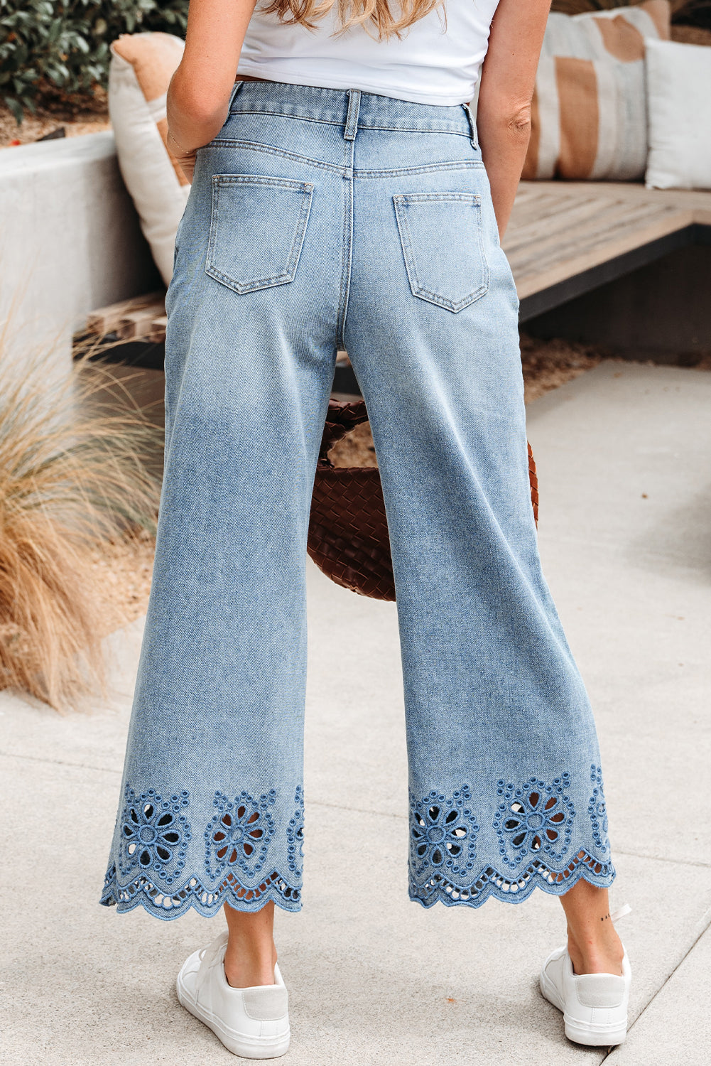 Juliette Embroidered Cropped Wide Leg High Waist Jeans Threaded Pear