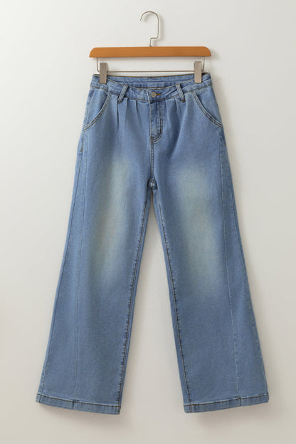 Scottie Blue Washed Pleated Detail Wide Leg Jeans