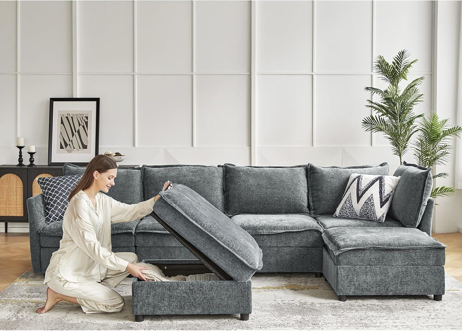 127 Inch Grey Modular Sectional Sofa With Storage Ottoman ShipItFurniture