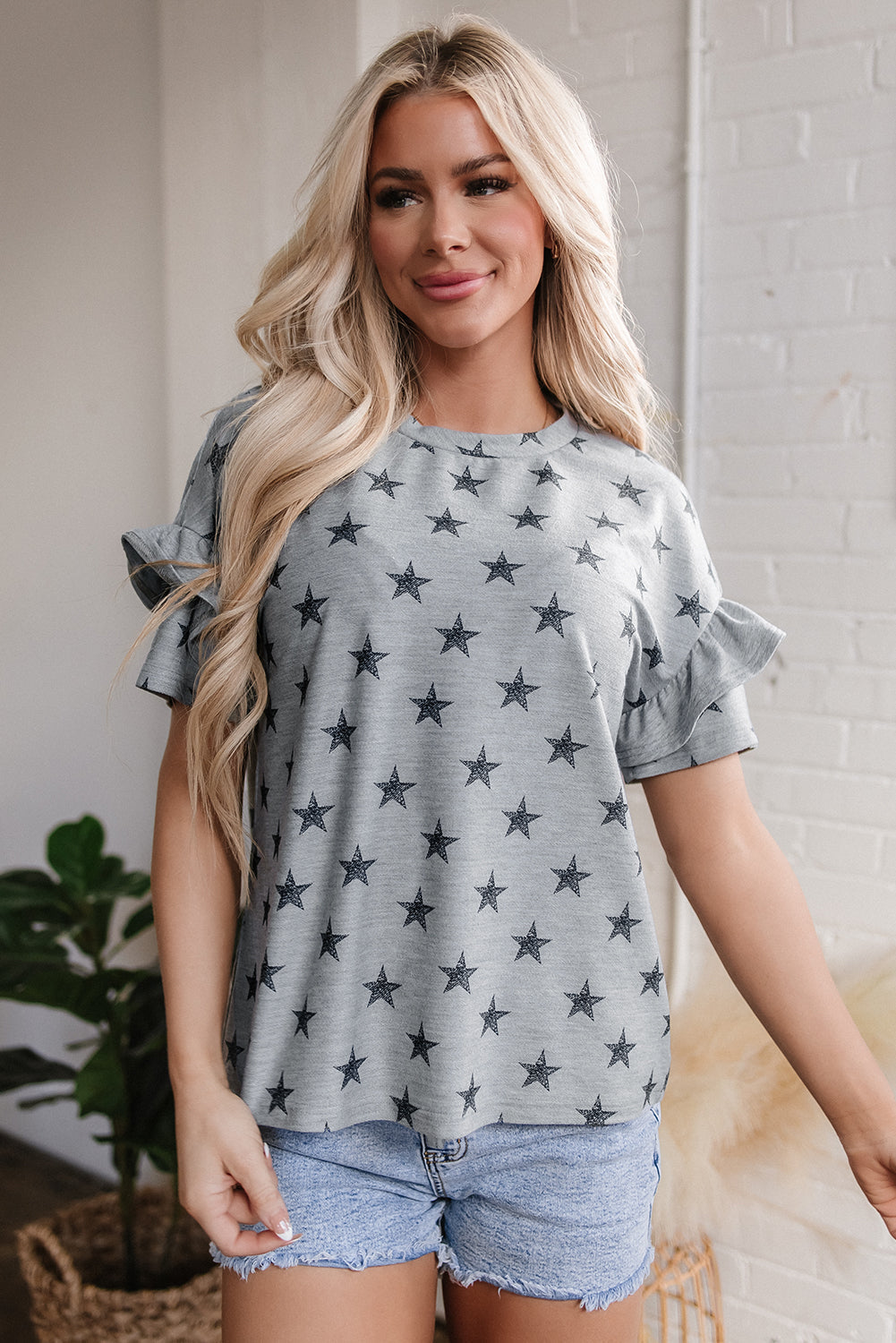 Joelle Star Ruffled Sleeve Crew Neck Top