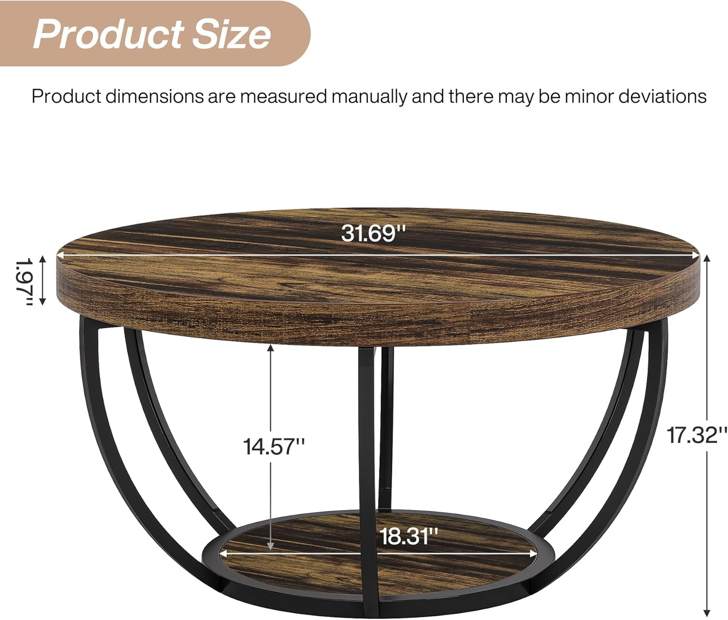 Round Coffee Table 31.7Inches Rustic Brown Storage ShipItFurniture
