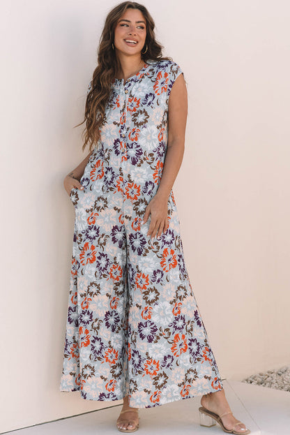 Kylee Floral Sleeveless Buttoned Wide Leg Jumpsuit