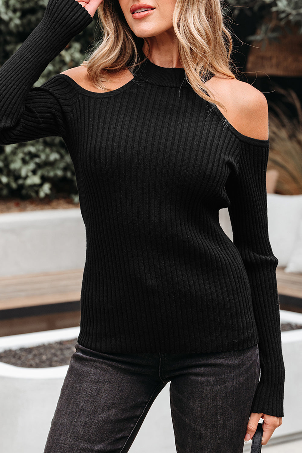 Bailey Ribbed Knit Cold Shoulder Sweater Threaded Pear