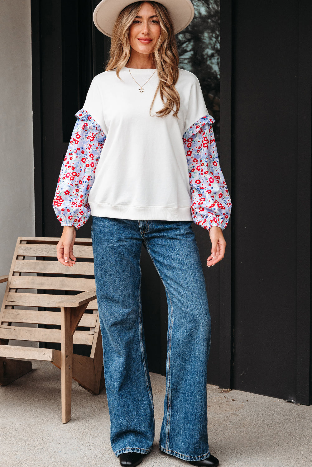 Isabel Floral Ruffled Balloon Sleeve Loose Blouse Threaded Pear
