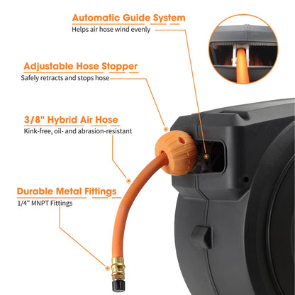 Retractable Air Hose Reel-PP Housing-3/8in-50ft