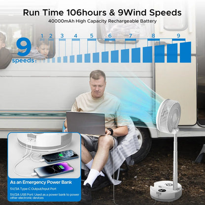 Neofeel Portable Oscillating Standing Fan, 40000mAh Rechargeable Battery Operated Fan with Remote/Timer, RGB Lighting Fan, Pedestal Floor Fan for Bedroom Party Camping (White, 40000mAh) - Get it from Bo