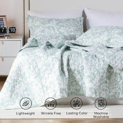 Kasentex Lightweight Botanical Green Floral Quilt Set - Light All Season Bedding, Room Decor, Graduation Gifts Kasentex
