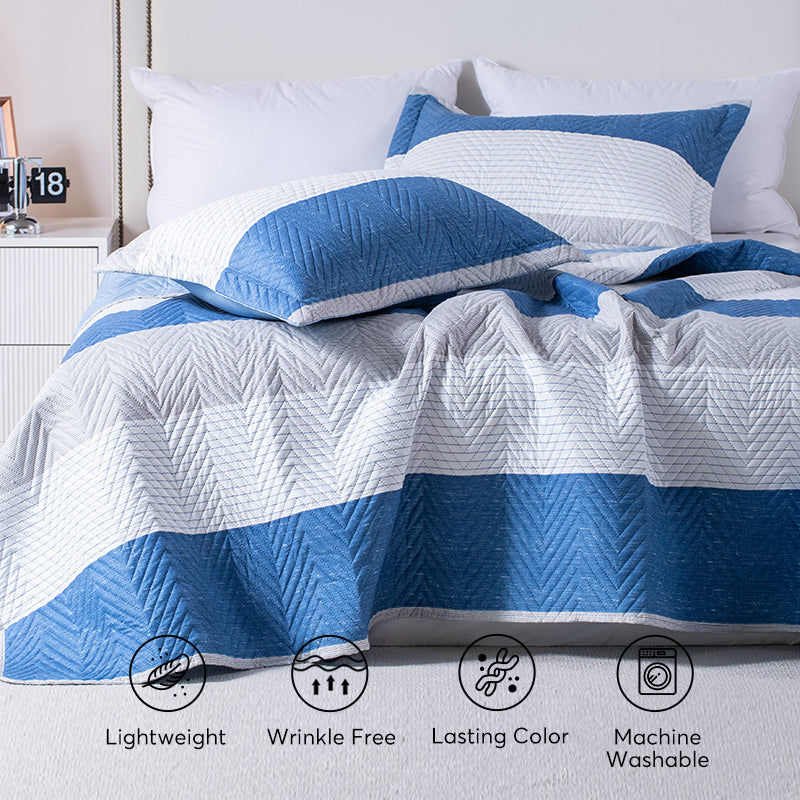 Kasentex Lightweight Reversible Stripe Quilt Set Bedding- Sky Blue and Ivory White, Room Decor, Graduation Gifts, Father's Day Gift Kasentex