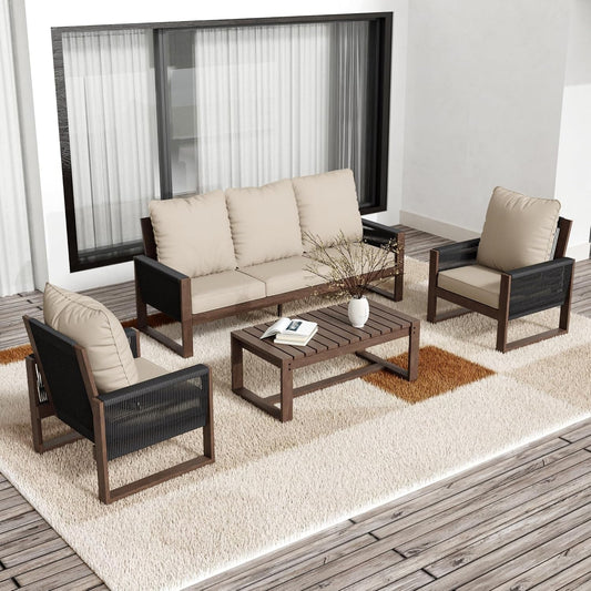 Wooden Outdoor Furniture Set with Comfortable Wicker Chairs ShipItFurniture