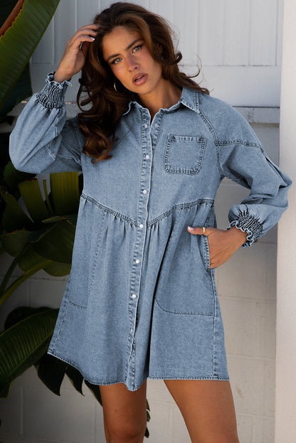 Molly Smocked Cuffs Flared Denim Shirt Mini Dress