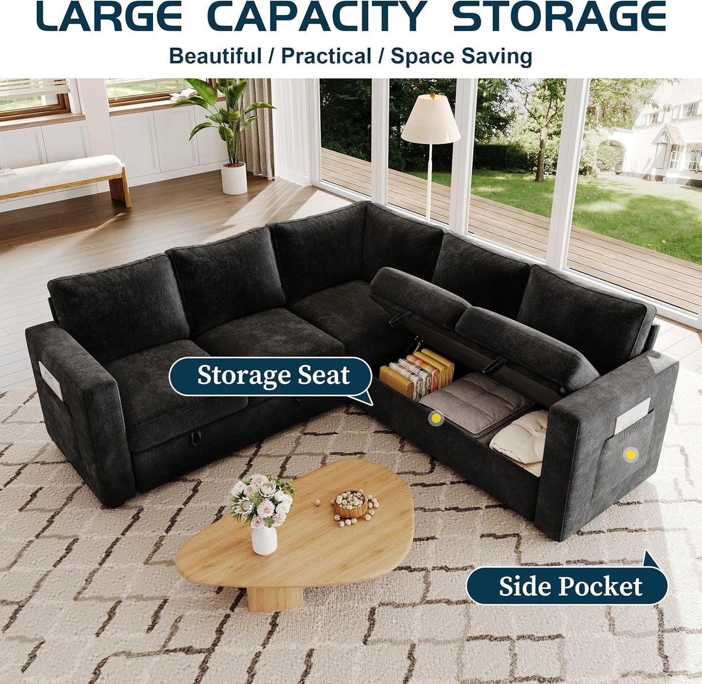 Black 83Inch Deluxe Sleeper Sectional Sofa With Storage ShipItFurniture