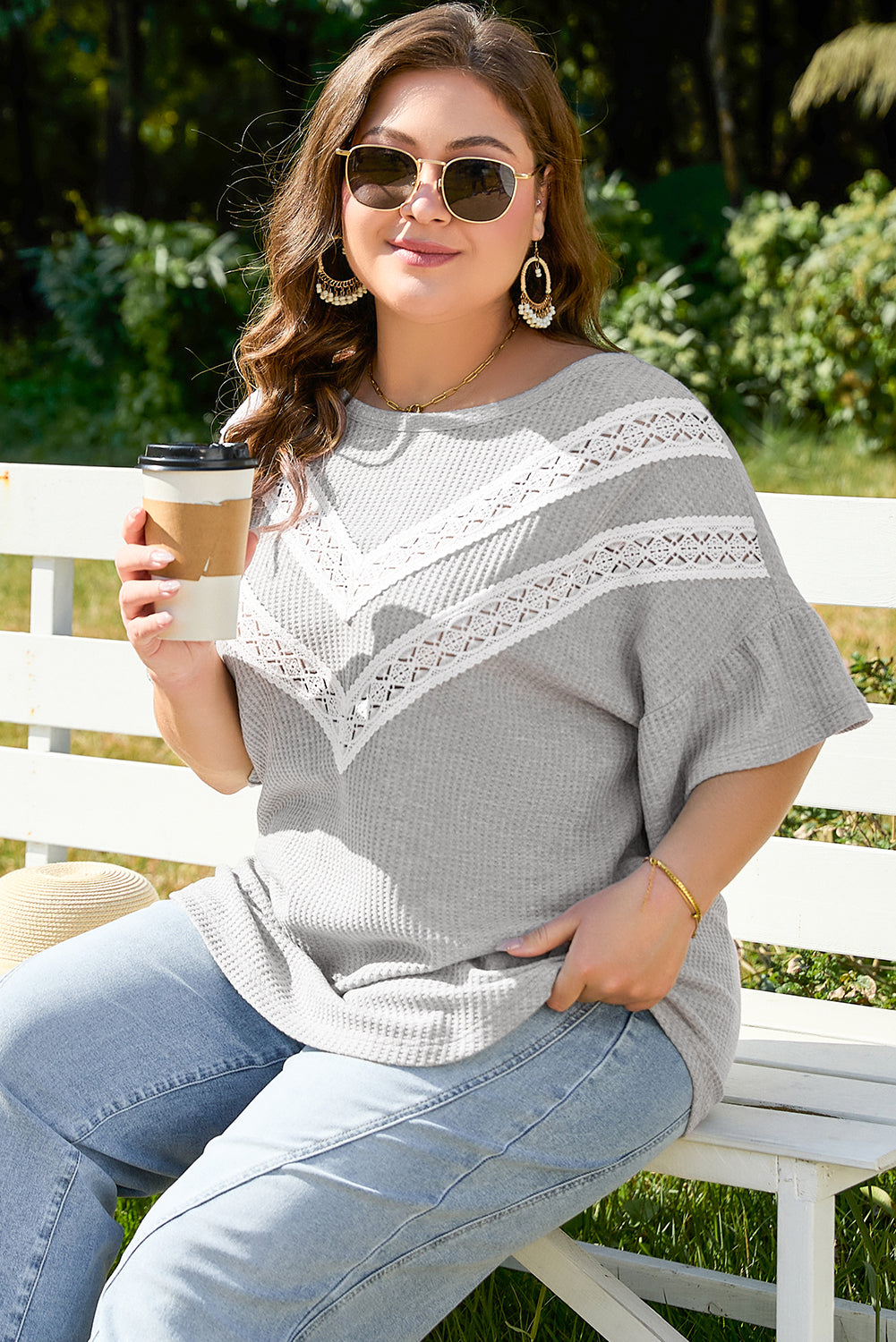Rory Plus Size Lace Insert Waffle Ruffle Top - Get it from Bo